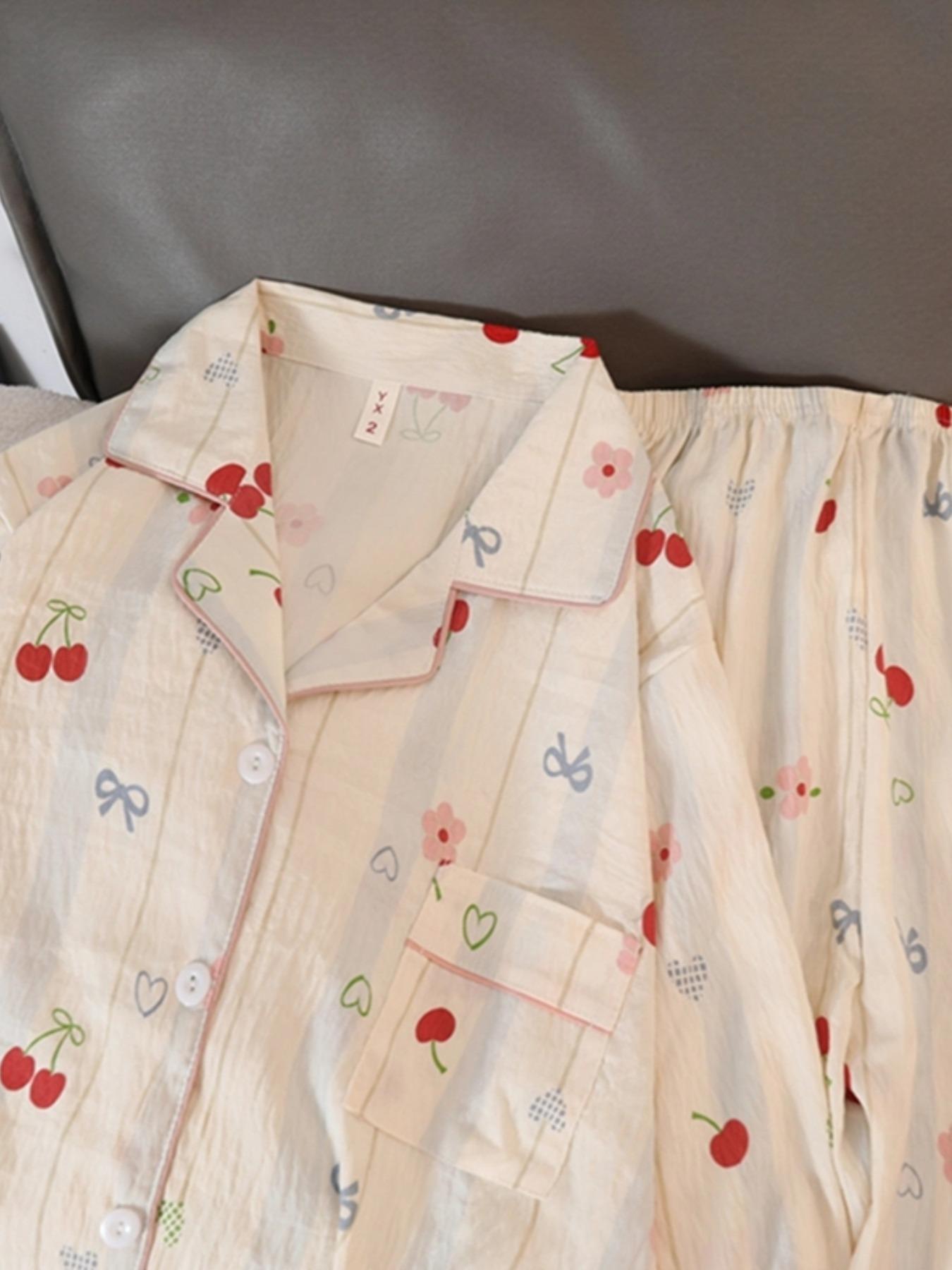 Cute Cherry Flower Bow Tie Print 2pcs Women's Pajamas Set Button Lapel Neck Design Women's Sleepwear New Cartoon Kawaii Homewear