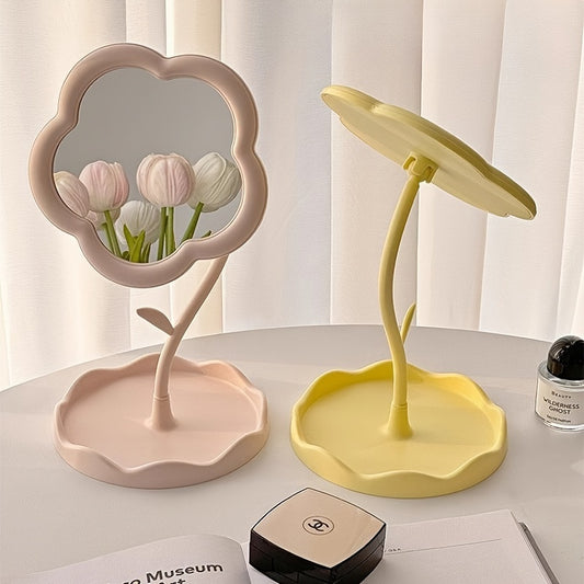 Flower-Shaped Makeup Mirror with HD Glass and Adjustable Stand - Perfect for Vanity - Floral Design, Jewelry Storage, and Room Decor Organizer for Beauty Enthusiasts - Powder Coated Finish, Unscented, Dresser Mount, Plastic F