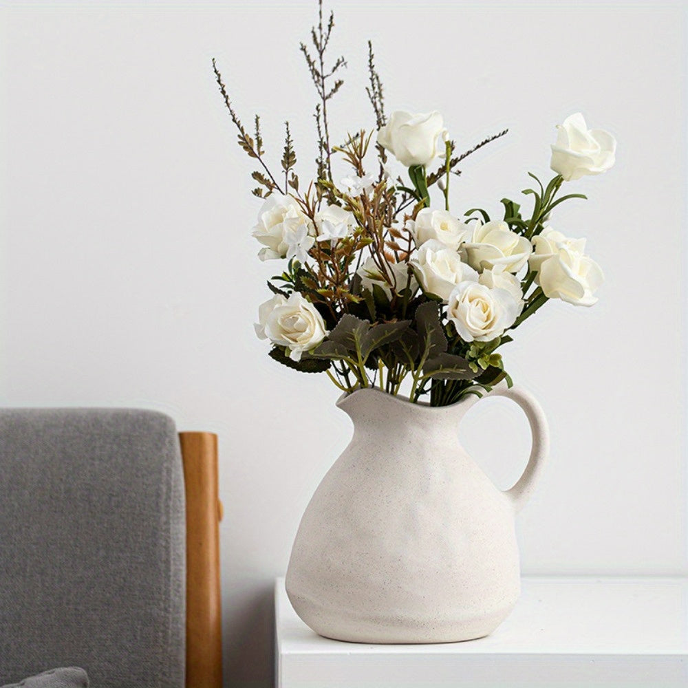 NJCHARMS Ceramic Kettle Vase 1pc, Farmhouse Style Decorative Pitcher without Battery, Power-Free Rustic White Flower Vase, Cylinder Clay Pottery Centerpiece for Living Room Decor, Handle Design