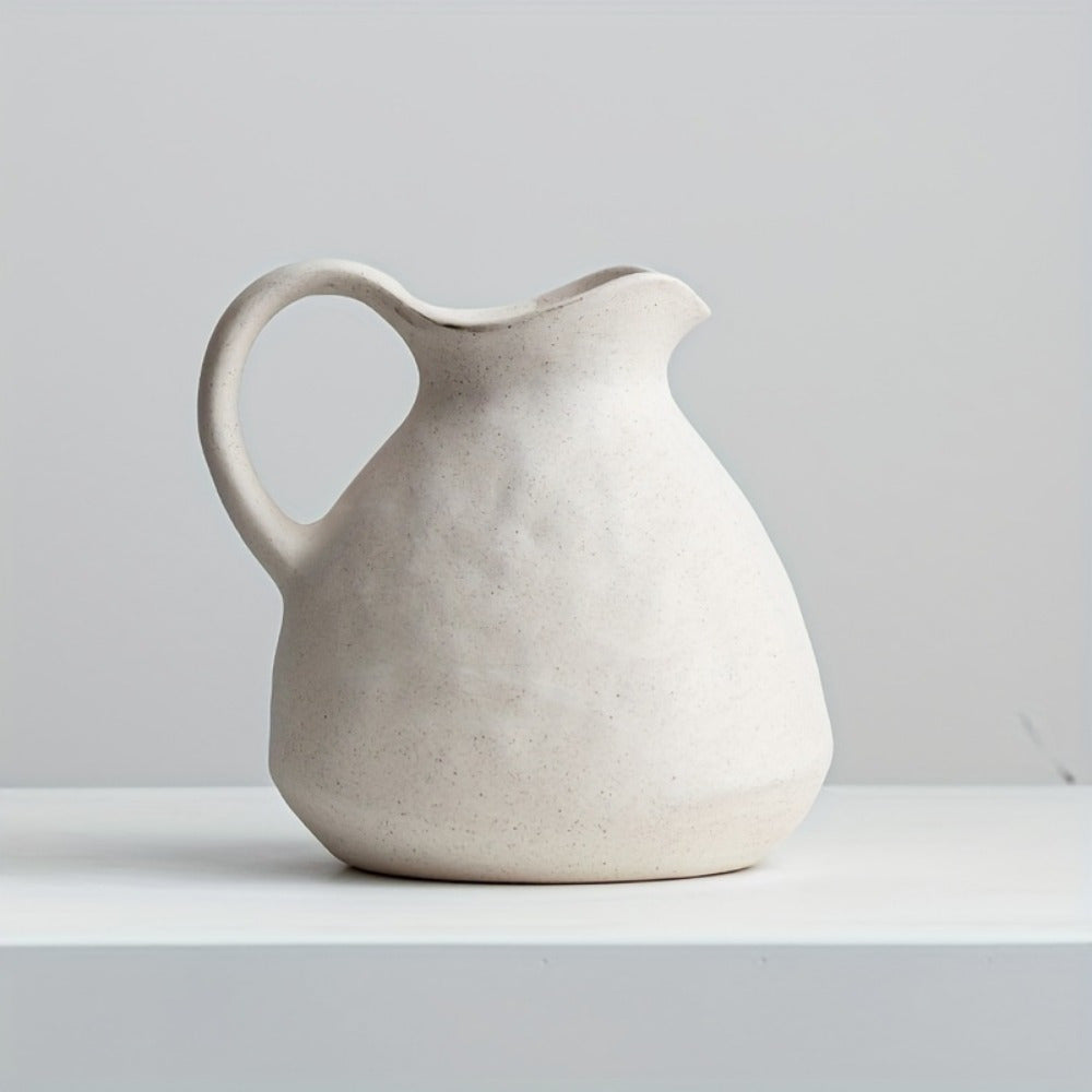 NJCHARMS Ceramic Kettle Vase 1pc, Farmhouse Style Decorative Pitcher without Battery, Power-Free Rustic White Flower Vase, Cylinder Clay Pottery Centerpiece for Living Room Decor, Handle Design