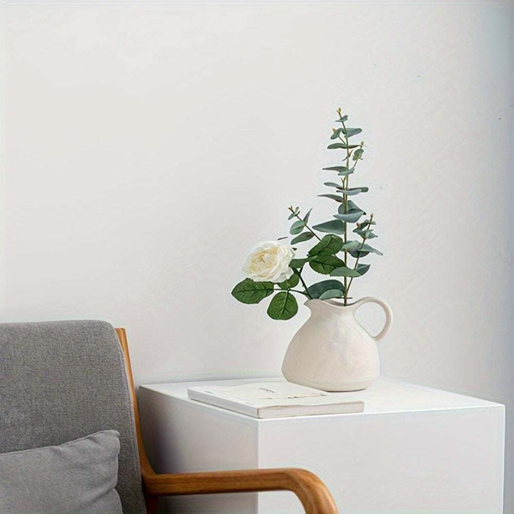 NJCHARMS Ceramic Kettle Vase 1pc, Farmhouse Style Decorative Pitcher without Battery, Power-Free Rustic White Flower Vase, Cylinder Clay Pottery Centerpiece for Living Room Decor, Handle Design