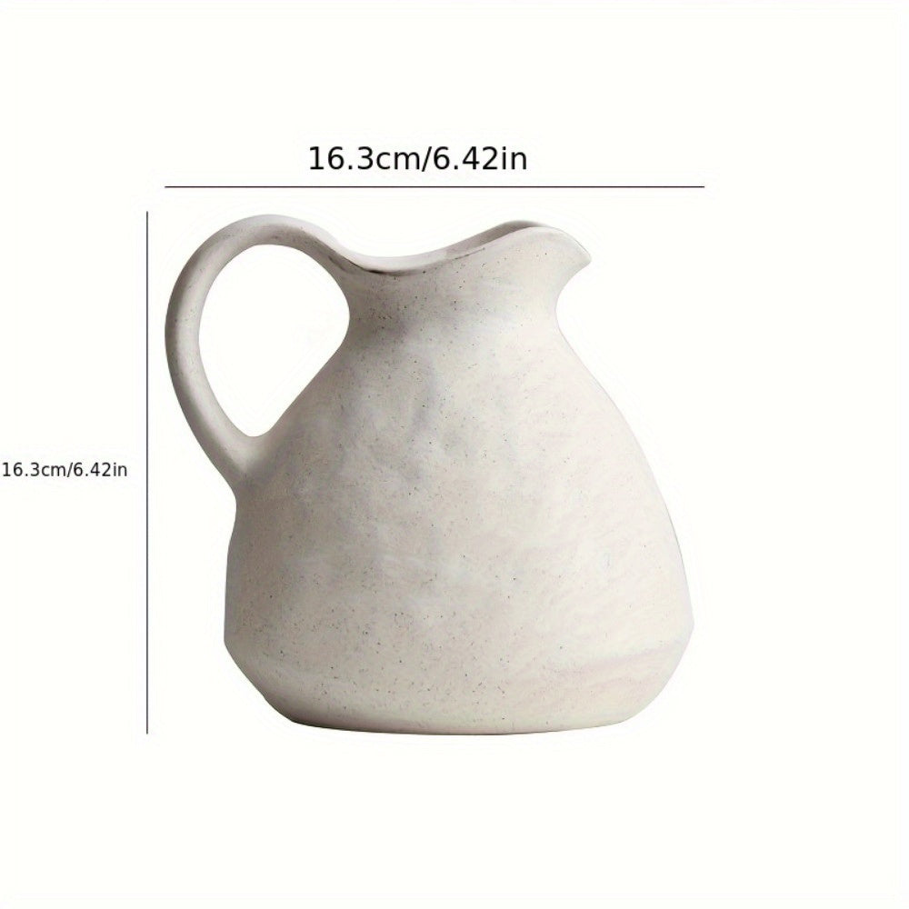 NJCHARMS Ceramic Kettle Vase 1pc, Farmhouse Style Decorative Pitcher without Battery, Power-Free Rustic White Flower Vase, Cylinder Clay Pottery Centerpiece for Living Room Decor, Handle Design