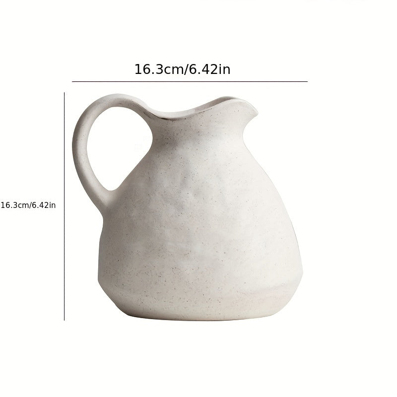 NJCHARMS Ceramic Kettle Vase 1pc, Farmhouse Style Decorative Pitcher without Battery, Power-Free Rustic White Flower Vase, Cylinder Clay Pottery Centerpiece for Living Room Decor, Handle Design