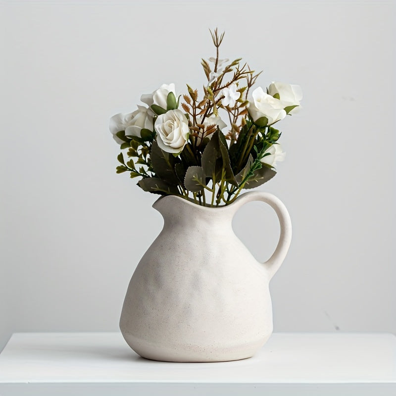 NJCHARMS Ceramic Kettle Vase 1pc, Farmhouse Style Decorative Pitcher without Battery, Power-Free Rustic White Flower Vase, Cylinder Clay Pottery Centerpiece for Living Room Decor, Handle Design