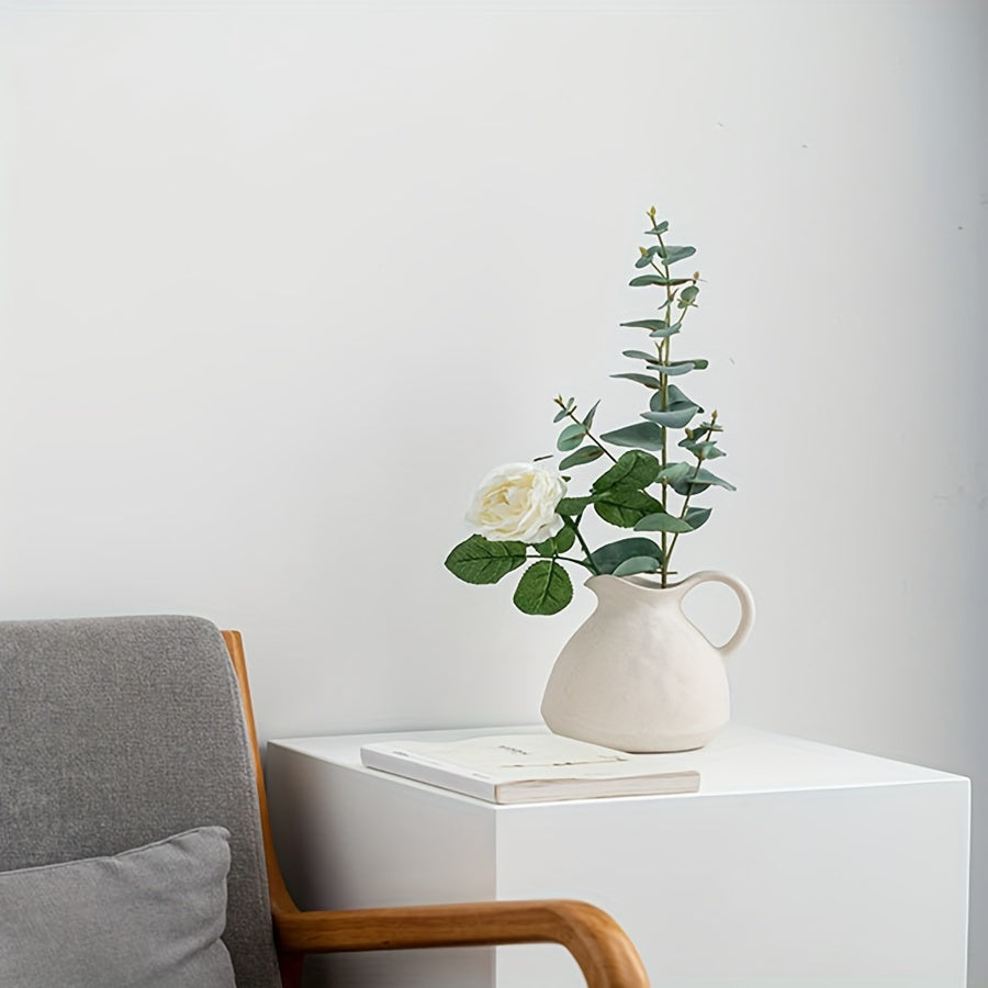 NJCHARMS Ceramic Kettle Vase 1pc, Farmhouse Style Decorative Pitcher without Battery, Power-Free Rustic White Flower Vase, Cylinder Clay Pottery Centerpiece for Living Room Decor, Handle Design