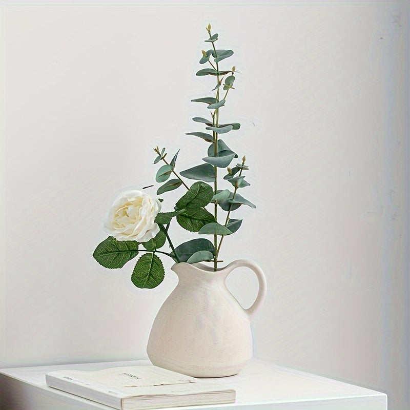 NJCHARMS Ceramic Kettle Vase 1pc, Farmhouse Style Decorative Pitcher without Battery, Power-Free Rustic White Flower Vase, Cylinder Clay Pottery Centerpiece for Living Room Decor, Handle Design