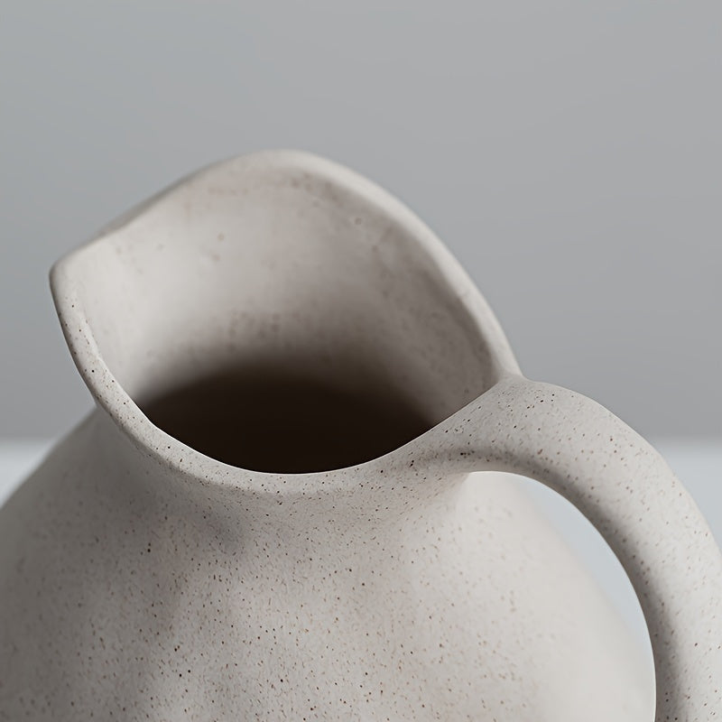 NJCHARMS Ceramic Kettle Vase 1pc, Farmhouse Style Decorative Pitcher without Battery, Power-Free Rustic White Flower Vase, Cylinder Clay Pottery Centerpiece for Living Room Decor, Handle Design