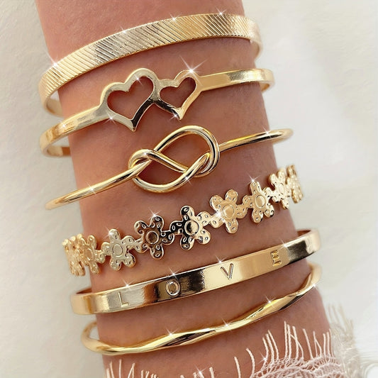 Elegant 6pcs Golden-Tone Bracelet Set with Heart, Flower & Knot Designs - Vintage Style Alloy Bangles for Women, Perfect for Casual Attire or Parties