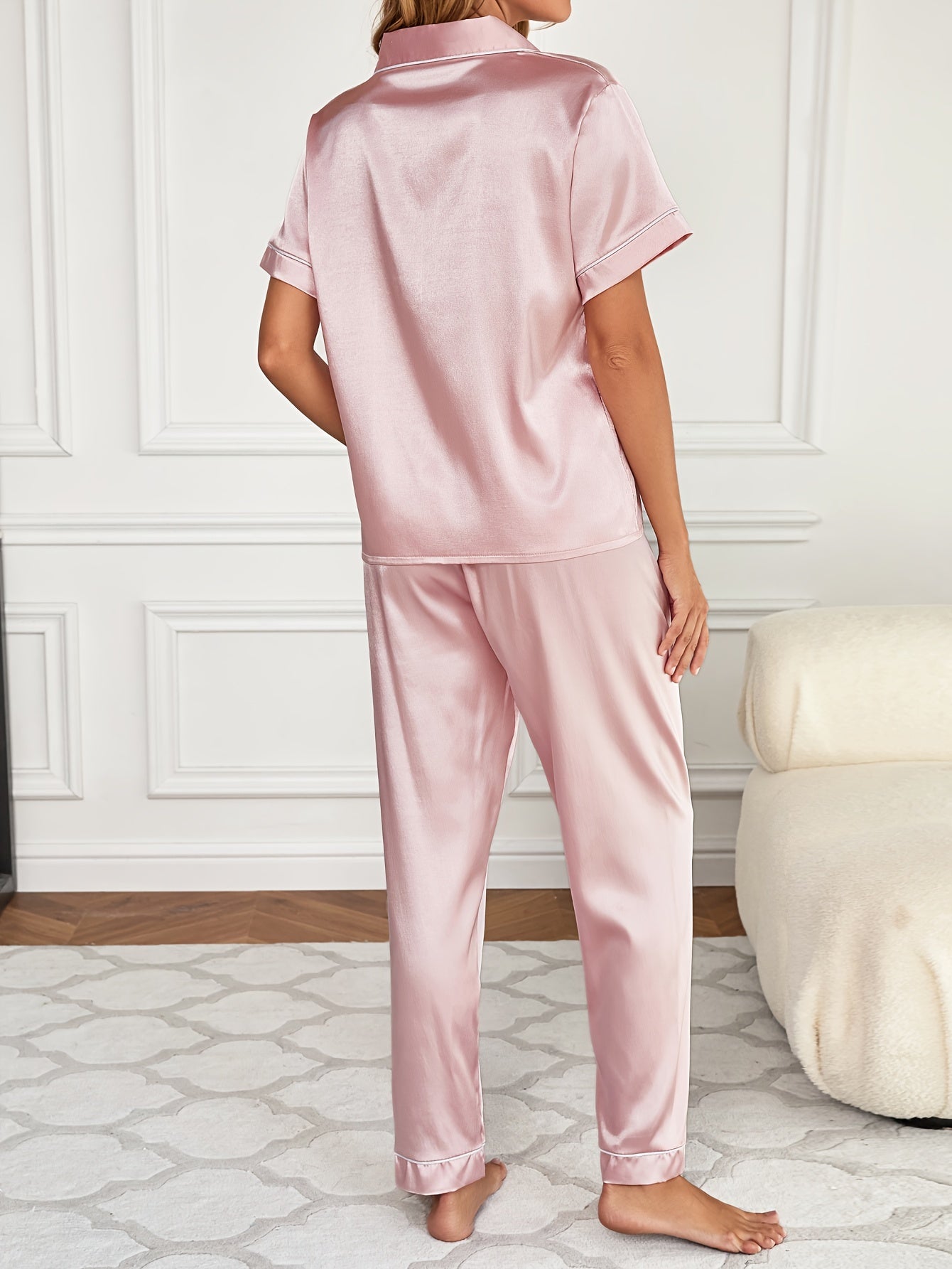 Valentine's Day Satin Pajamas Set - Soft, Lightweight, Embroidered Button-Up Blouse Top and Elastic Waistband Pajama Pants for Women's Loungewear and Sleepwear - Perfect Gift Idea for Her