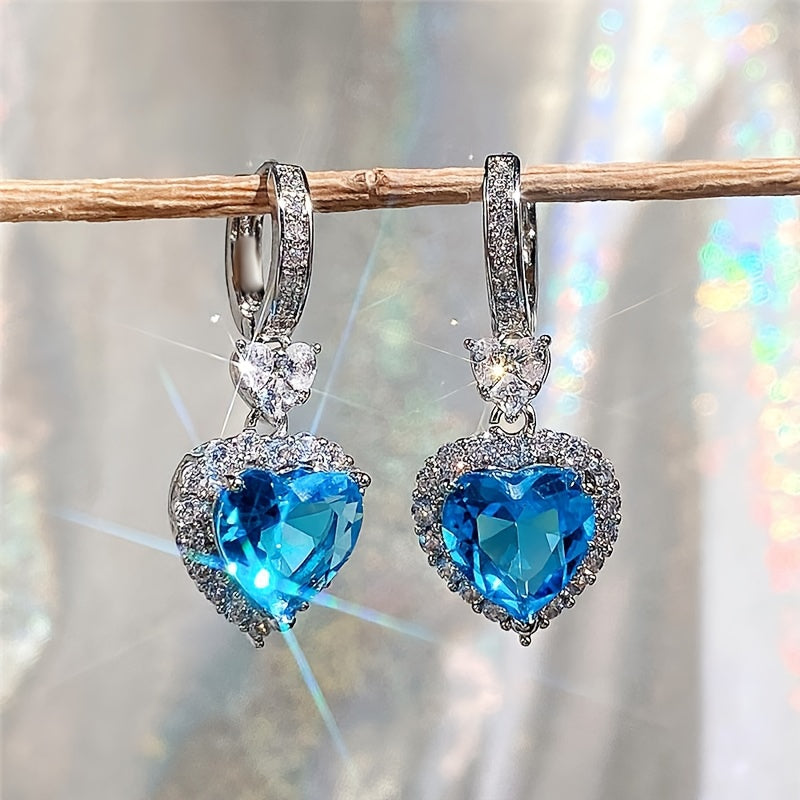 Aqua Blue Red Stone Heart Shaped Wedding Earrings for Women Eternity Love Earrings Engagement Additions Fashion Jewelry