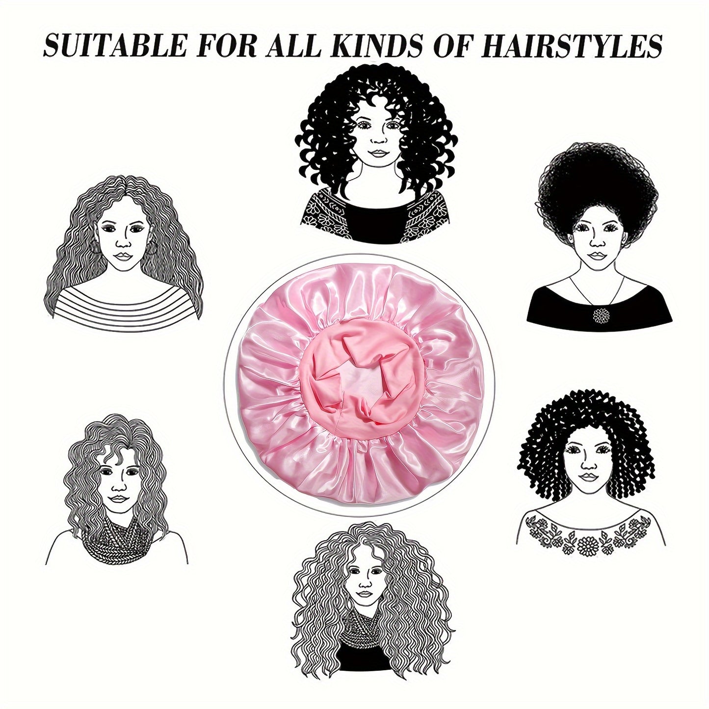 2023 New Women'S Fashion Hair Bonnet - Wide Brim Elastic Sleep Cap for Curly Straight Hair, Pink Fluffy Polyester Bath Hat with Ruffled Edges, Oil-Free Dry Hair Cover for Sleep & Relaxation, Hair Bonnet for Sleeping, Comforta