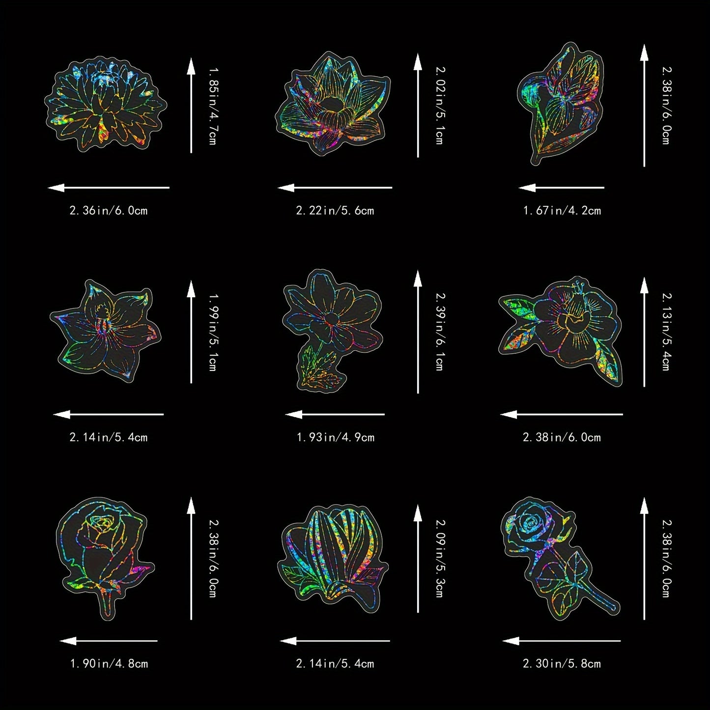 100pcs Laser-Cut Flower & Leaf Stickers - Iridescent Multicolor (UV Glow) Plastic Sheets for Journals, Scrapbooking, DIY Crafts, Laptops, Helmets - Irregular Flower Petals & Foliage Decals for &