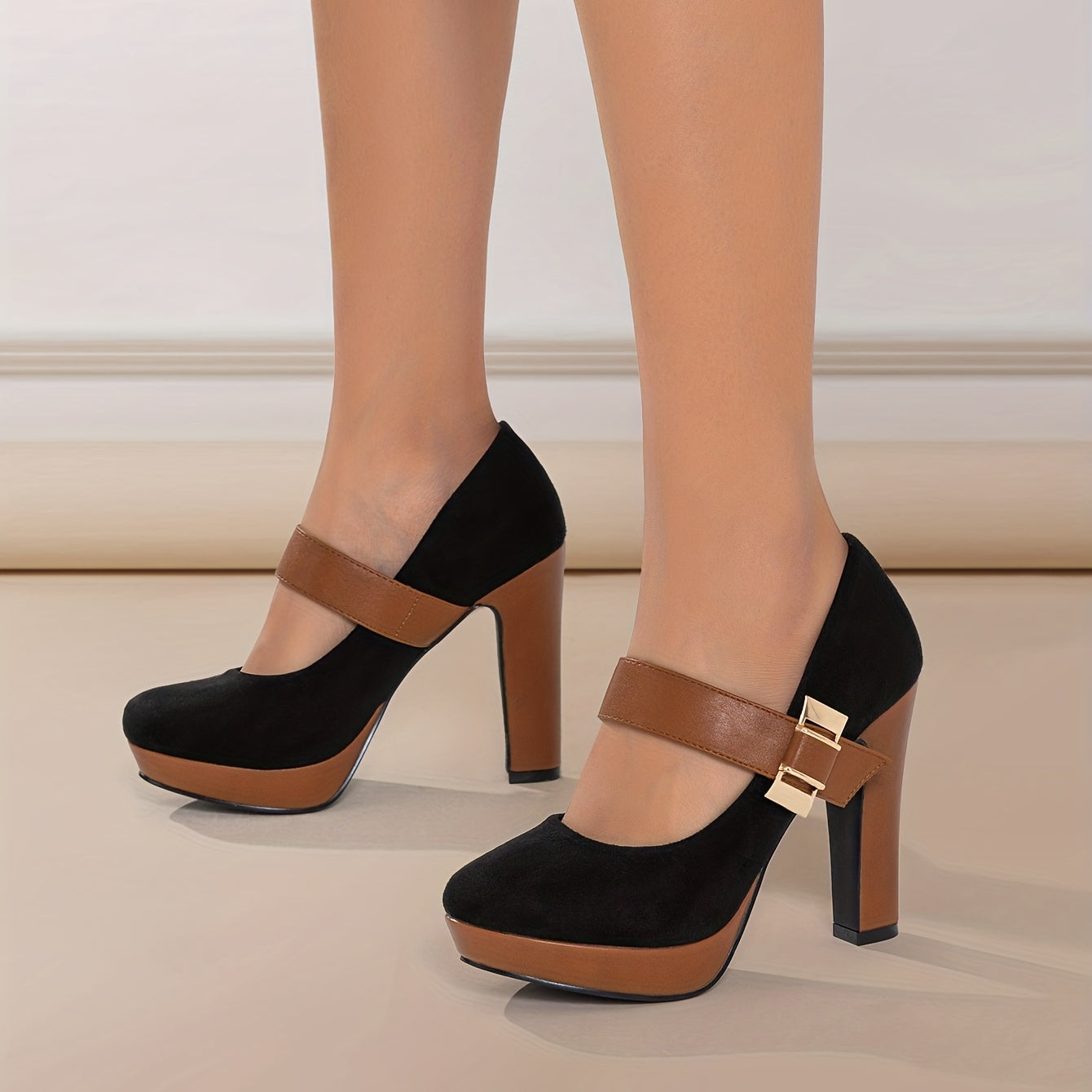 Women's Retro Style Round Toe High Heeled Pumps, Buckle Platform Block Heel Shoes, Women's Footwear