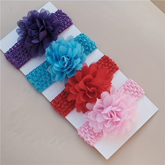 4pcs Cute Chiffon Flower Knit Headband, Soft Comfortable Breathable Elastic Headband, Decorative Hair Accessories Photography Props For Baby Girls
