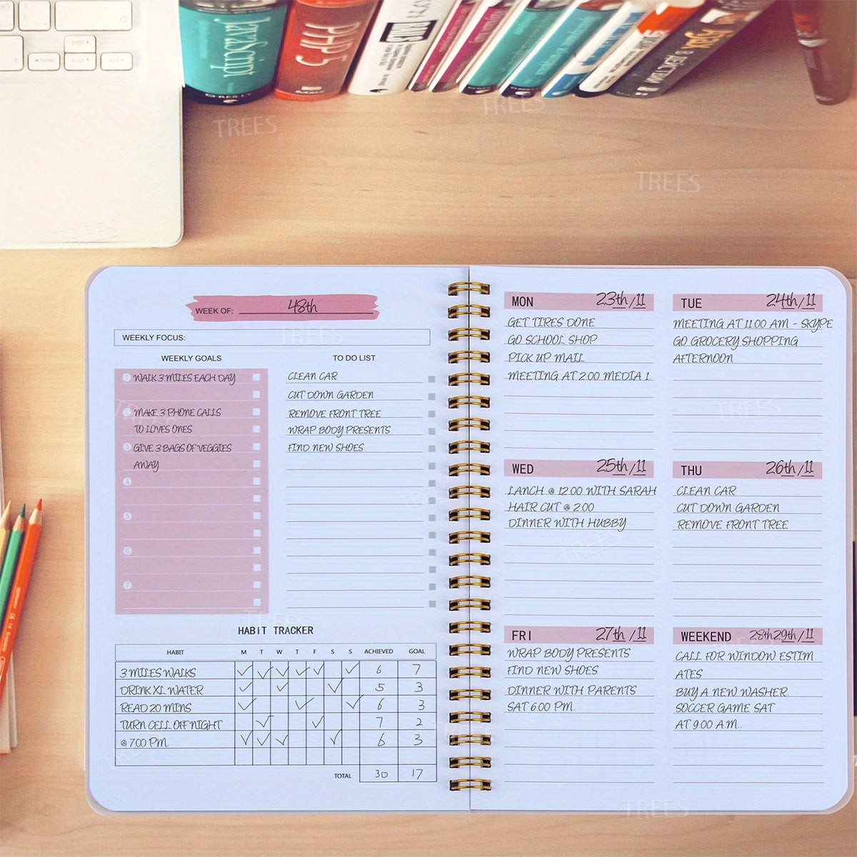 1pc Trees Undated A5 Daily Weekly Notebook Planner | Spiral Bound, 52 Sheets, 21.08*13.97 cm, Pvc Cover, English Language, Ideal For Office And School Use