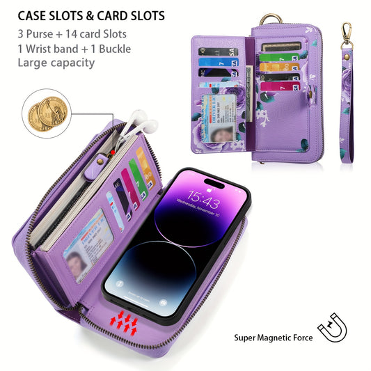 Flower Pattern PU Leather Zipper Handbag Fashion Large Capacity Long Wallet Clutch Bag Phone Bag Multi-card Card Holder Coin Purse Wallet