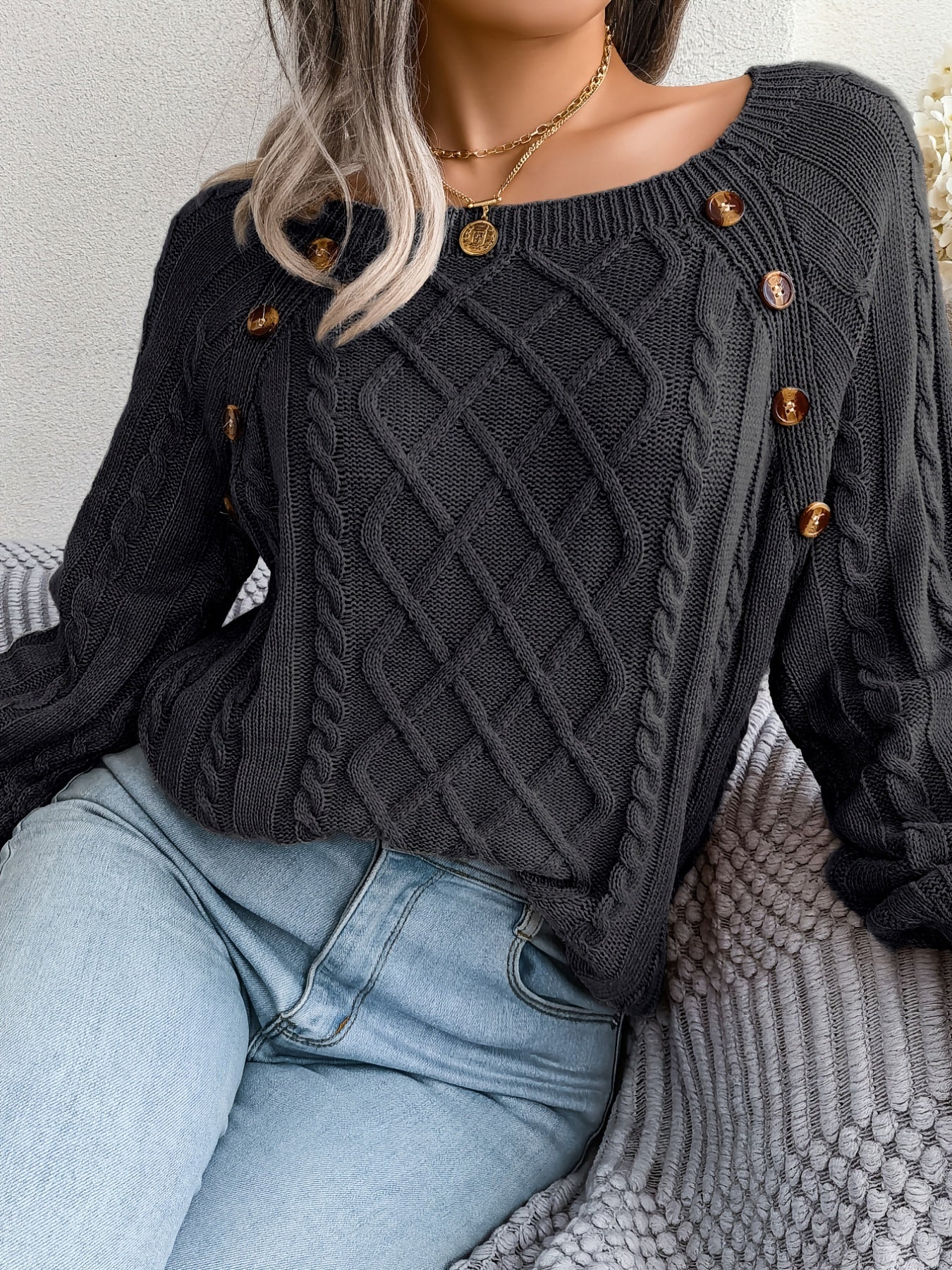 Autumn/Winter European and American Casual Solid Color Square Neck Button Twist Long Sleeve Pullover Sweater
