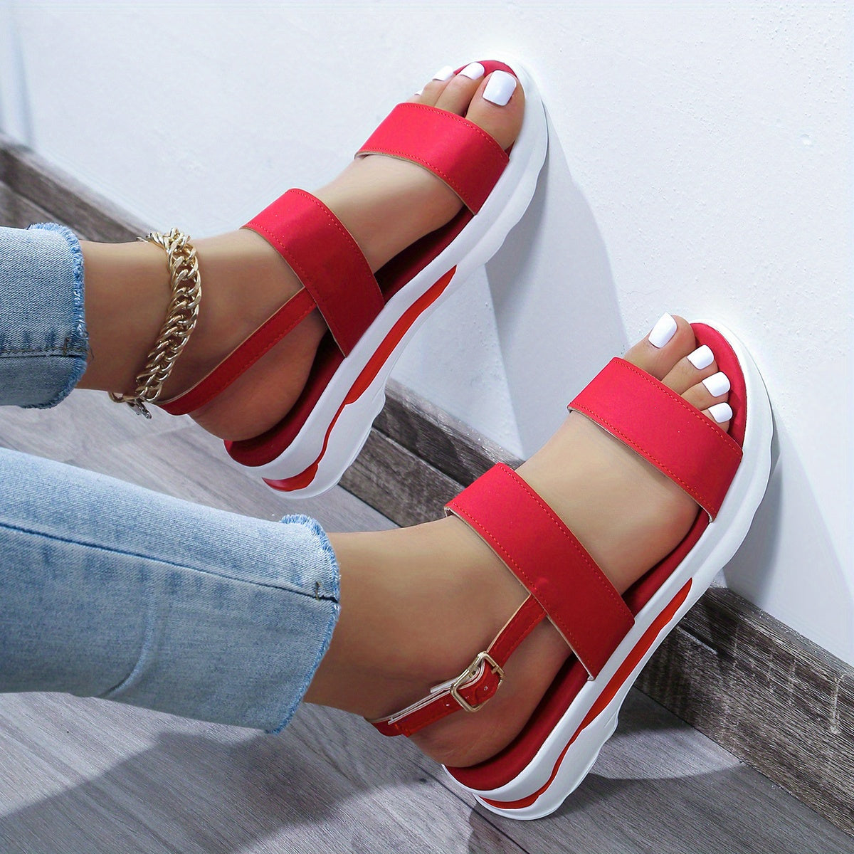 Non Slip Women's Platform Open Toe Sandals, Solid Color Ankle Buckle Strap Casual Outdoor Shoes