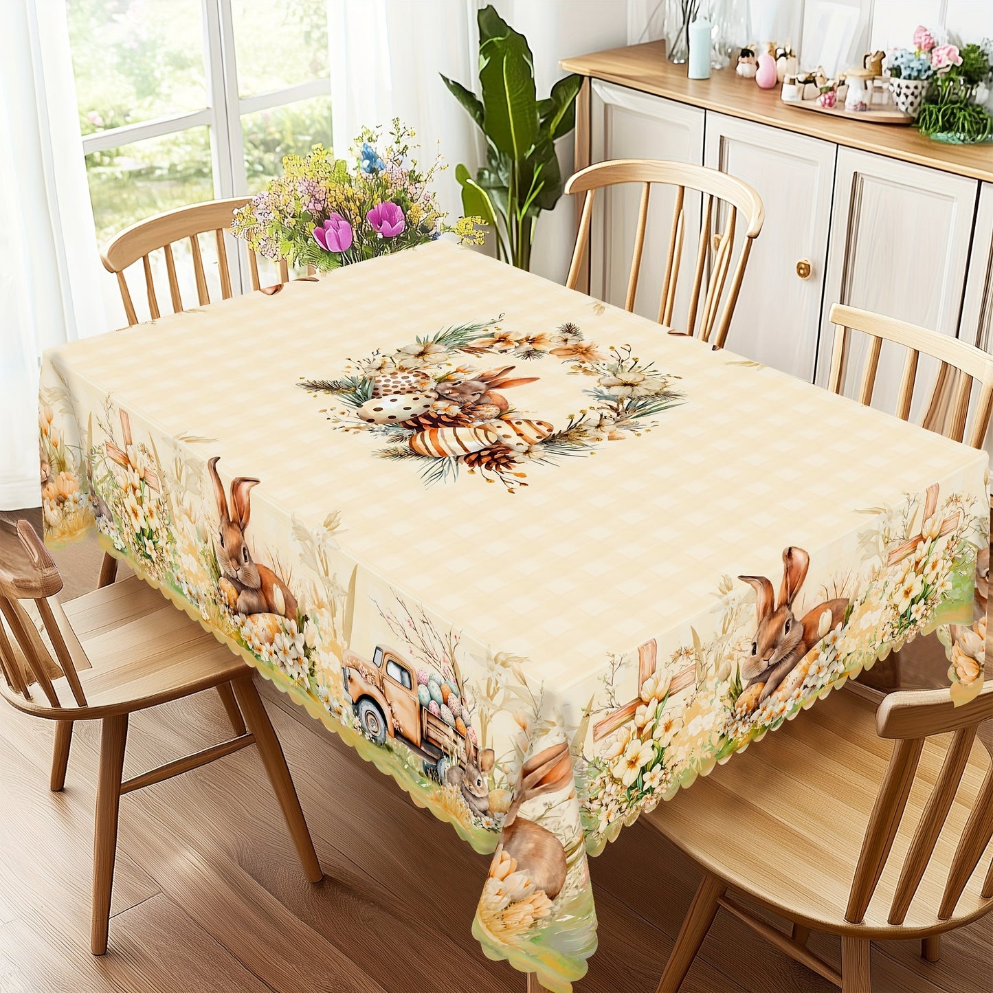 Durable Polyester Easter And Spring Themed Tablecloths, Tablecloths - Featuring Rabbit, Easter Egg, Flower, Cross, And Truck Patterns, Available in 5 Sizes - Round And Rectangular Tablecloths with Embossed Edges, Perfect for