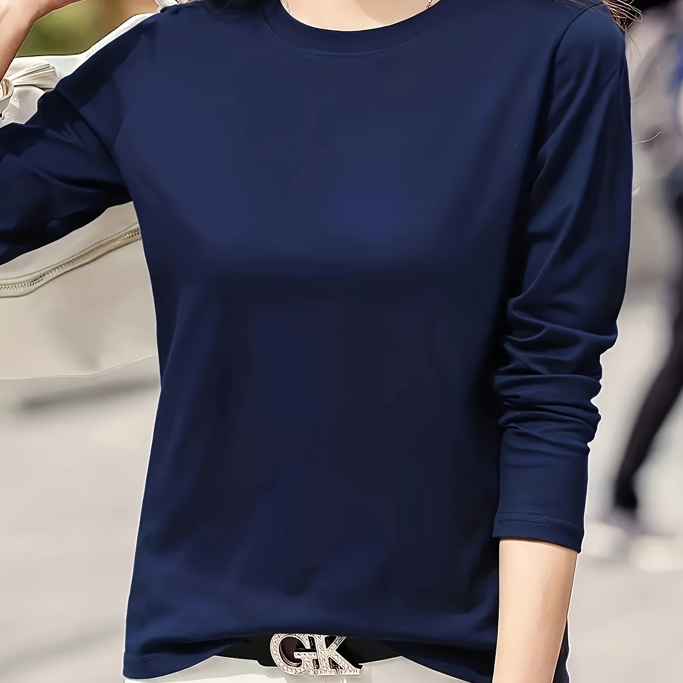 Women'S Elegant Crew Neck T-Shirt, 100% Polyester Knit Fabric, High Stretch Solid Color Top, Regular Length, 180gsm - Spring/Summer Fashion