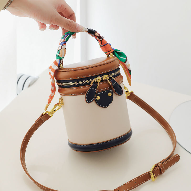 Fashionable Round Cylinder Handbag | Small Shoulder and Crossbody Women'S Bag, Synthetic Faux Leather, Zipper Closure