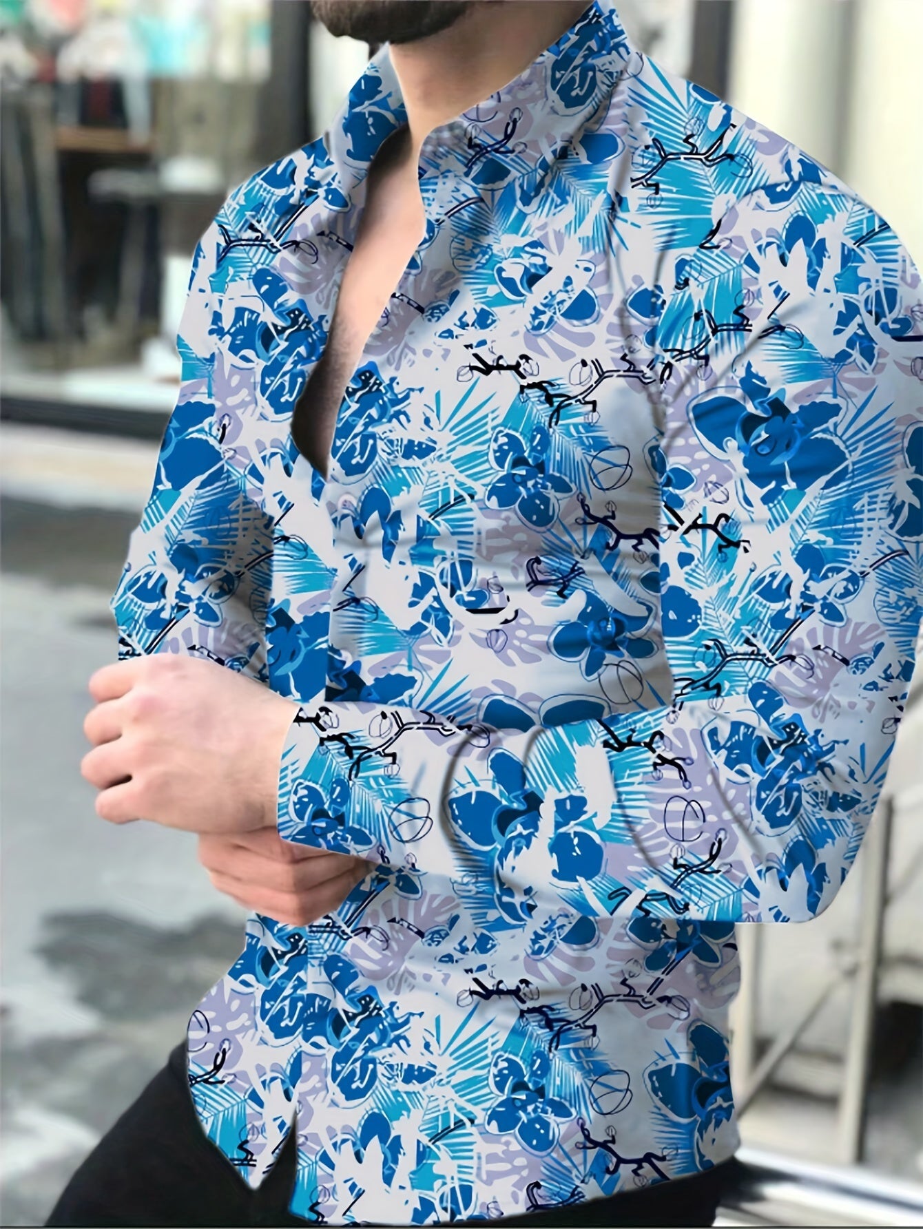 Retro Style Flower Print Men's Casual Long Sleeve Button Up Lapel Shirt, Spring Fall