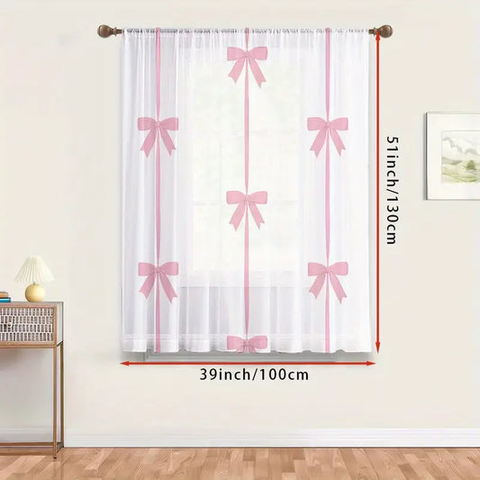 Light Luxury Simple Pink Bow Transparent Printed Sheer Curtain