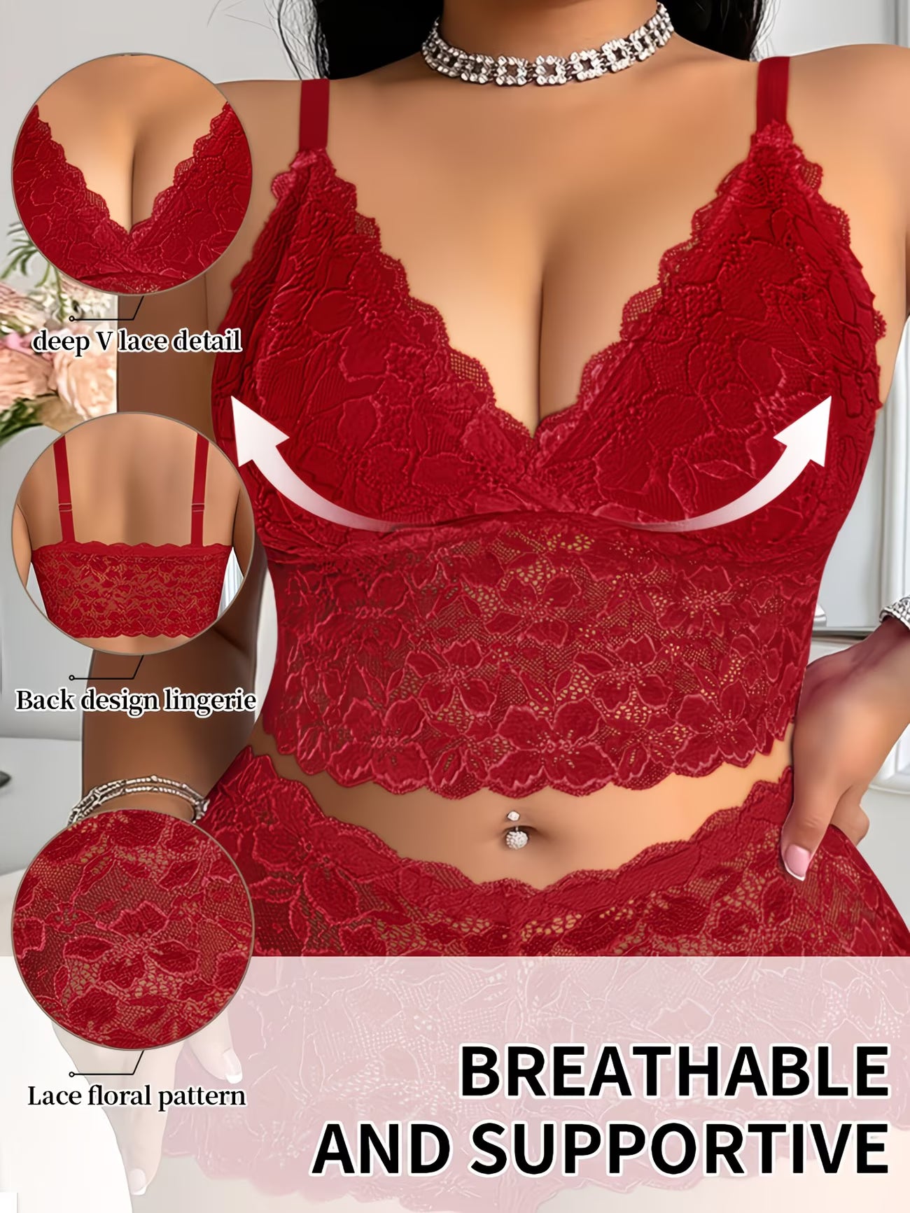 Ladies' Plus-size Wire-free Bra with Straps, Comfortable, Breathable, Seamless, Elegant, Romantic, Fashionable Lace Design