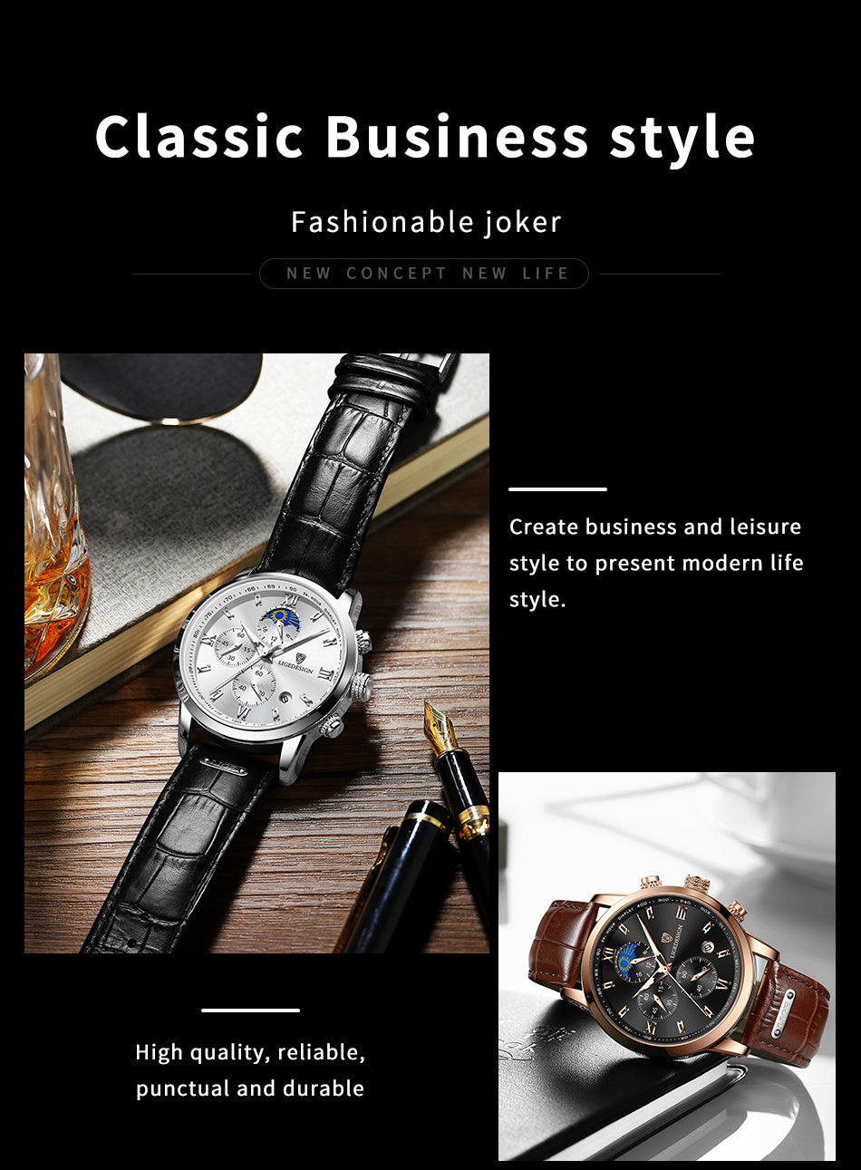 LIGE Men'S Quartz Watch | Vintage Style | Multi-Functional Chronograph | 30m | Calendar & Moon Phase | High-Quality Strap | Zinc Alloy Case, Electronic Drive | Non-rechargeable Button Battery | Luxury Business Watch, Business