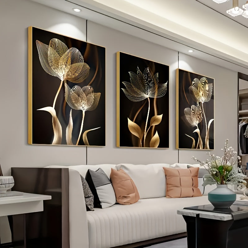 Golden Flower Canvas Art Trio - 3pc Elegant, Versatile Wall Decor Set, Frameless Luxury Prints for Every Room