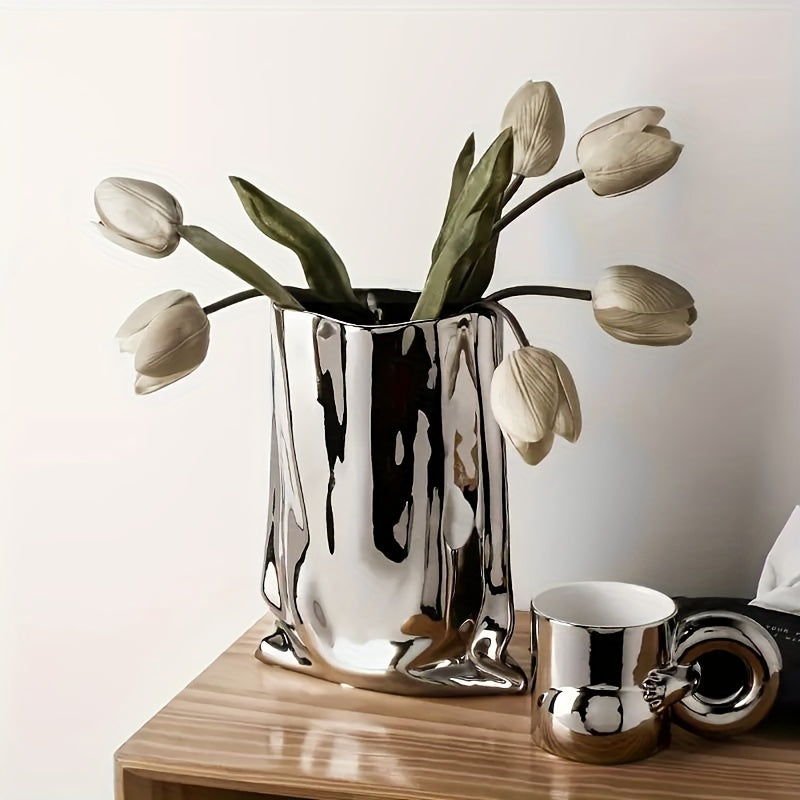 1pc Vase, High-End Light Luxury Decoration, Creative Electroplated and Silvery Ceramic Vase, Artificial Flower Decor