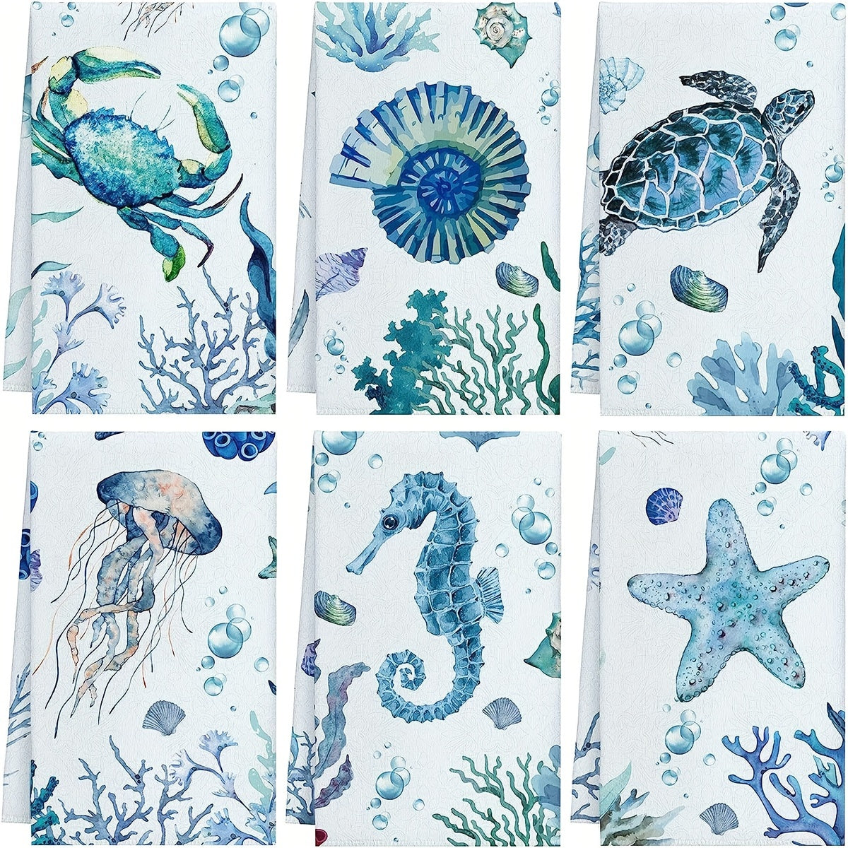 6-Piece Beach Ocean Kitchen Towel Set - Ultra-Absorbent, Super-Soft, and Perfect for Kitchen Decor - Vibrant Turtle Design, Ocean-Inspired Animal Theme, Ideal for Hand Drying and Wiping Down Surfaces, 45 x 70 cm