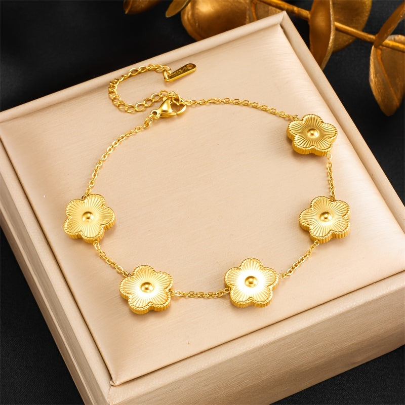 Elegant Stainless Steel Gold-Tone Cherry Blossom Flower Bracelet for Women and Men - No Mosaic, Versatile for Daily Wear and Gift Giving