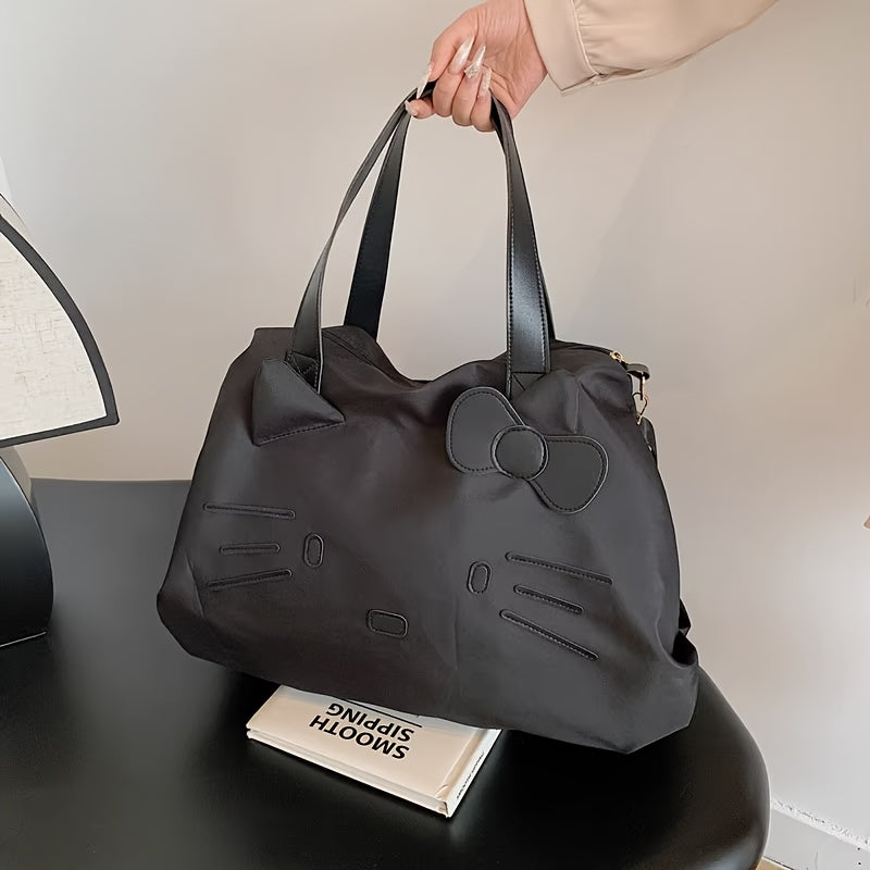 SANRIO Black Nylon Tote Bag with Zipper Closure, Detachable Shoulder Strap, and Cute Character Design for Short Trips, Business Travel, and Daily Use
