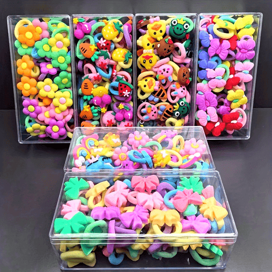 18/28/38/48pcs Cute Fruit Animal Flower Bow Hair Ties, Girls' Accessories, Resin Hair Bows, Multicolored Elastic Hair Bands, Cartoon Theme, Suitable for All-Season Hairstyling Gifts