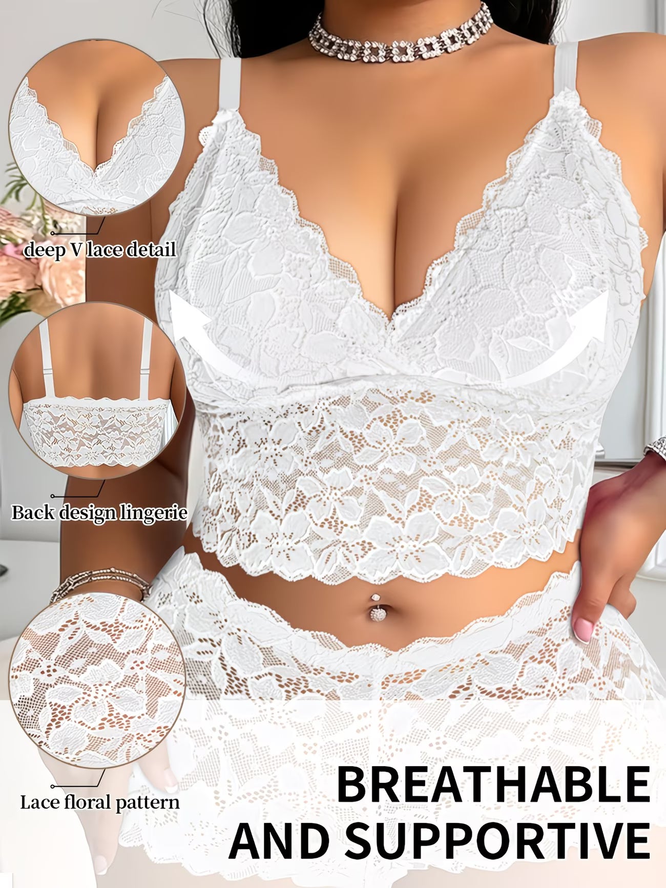 Ladies' Plus-size Wire-free Bra with Straps, Comfortable, Breathable, Seamless, Elegant, Romantic, Fashionable Lace Design