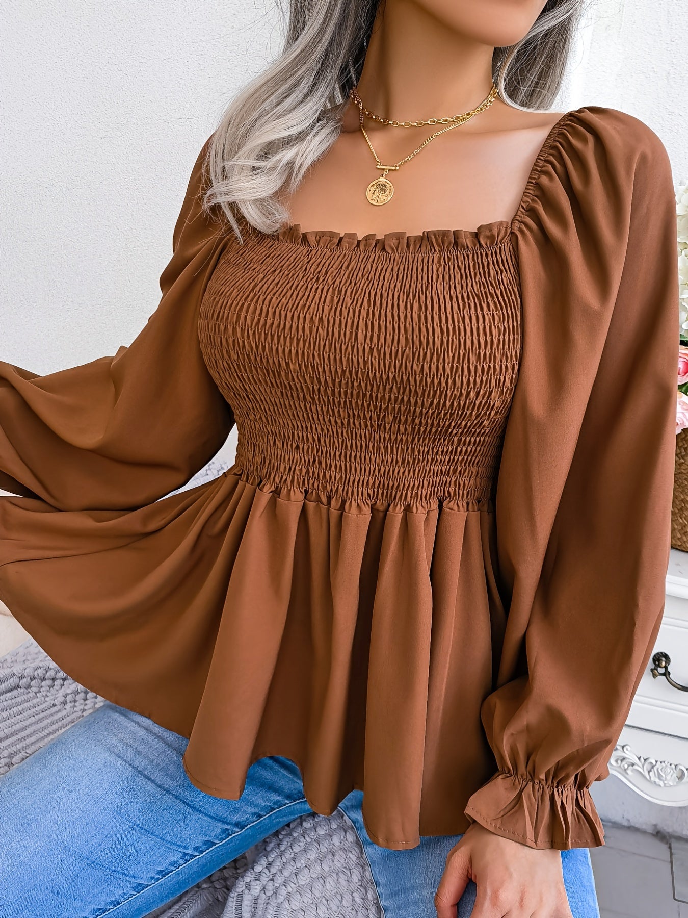 Shirred Lantern Sleeve Shirt, Casual Squared Neck Pleated Ruffle Trim Solid Shirt, Women's Clothing Wedding holiday vacation