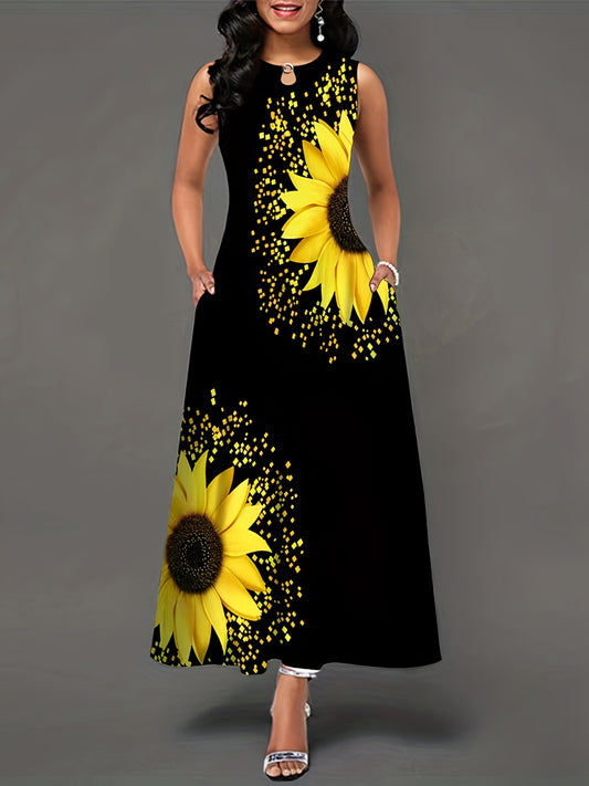 Sunflower Print Keyhole Dress, Casual Crew Neck Sleeveless Maxi Dress With Pocket, Women's Clothing For Elegant Dressing