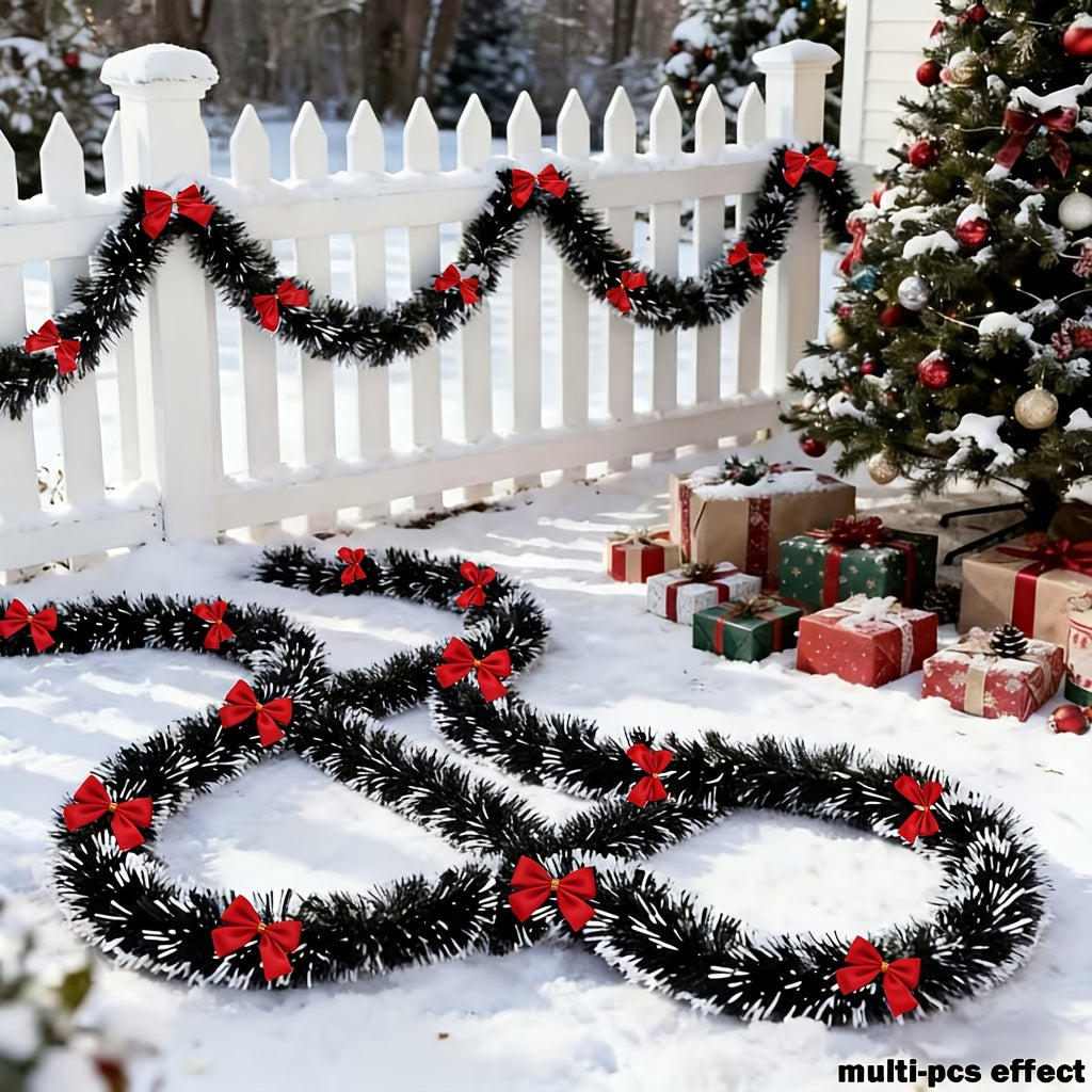 2-Piece Bow Christmas Rattan Garland, Total Length 10.0 meter, 1-Piece 196.85-Inch Dark Green and White Snowflake Christmas Flower Vine Decoration, No Lights Artificial Wreath for Indoor/Outdoor Use, High-Quality Soft Green H