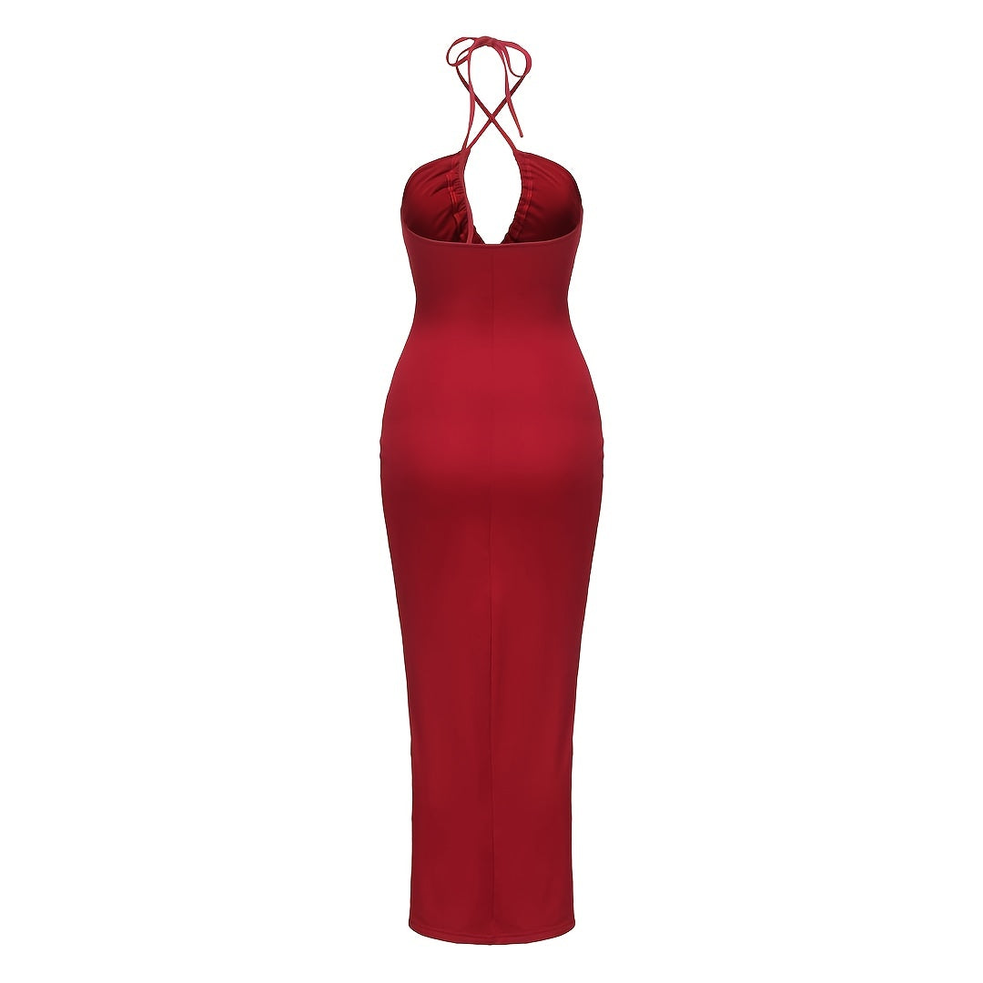Solid Ruffled Split Off Shoulder Dress, Nightclub Sexy Bag Hip Drawstring Slim Dress, Women's Clothing