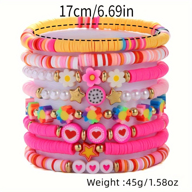 [Sweet Cute Bracelet Set] 8pcs Sweet Cute Pink Soft Clay Bracelet Set | Dragon Fruit Flower Heart Element for Women - Perfect for Valentine's Day and Music Festivals