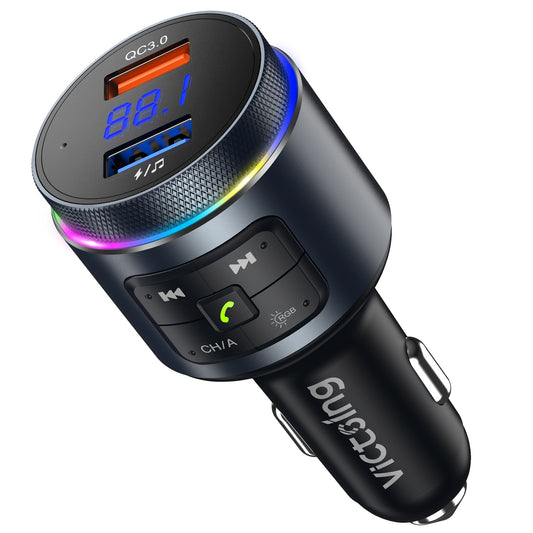 Upgraded V5.0 FM Wireless Transmitter Car, QC3.0 & LED Backlit Wireless FM Radio Adapter Music Player/Car Kit With Hands-Free Calls
