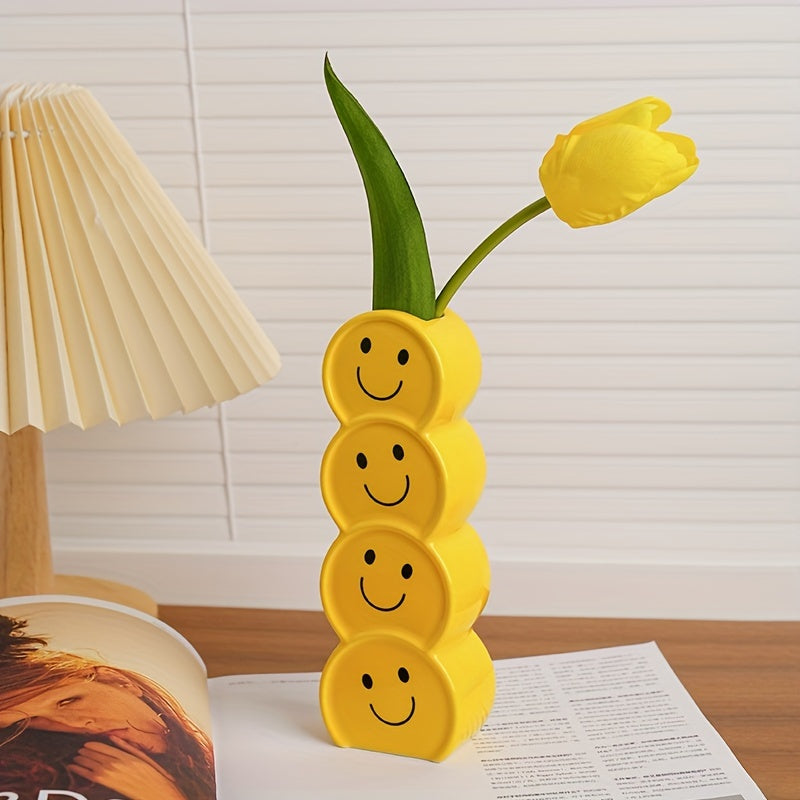 1pc Whimsical Ceramic Happy Face Bud Vase - Art Deco Cartoon Patterned, Round Shape, Boho Chic Centerpiece - Perfect for Wedding, Party, Living Room, Office, Bedroom Decor, Aesthetic Flower Holder, Unique Gift Idea
