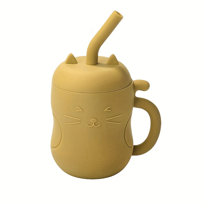 TYRY.HU Baby Learning Cup with Straw & Lid - Leak-Proof Soft Silicone Training Cup Suitable for, Feeding, Lid & Straw, Cute Cat, Easy to Clean, (4 Colors: ///)