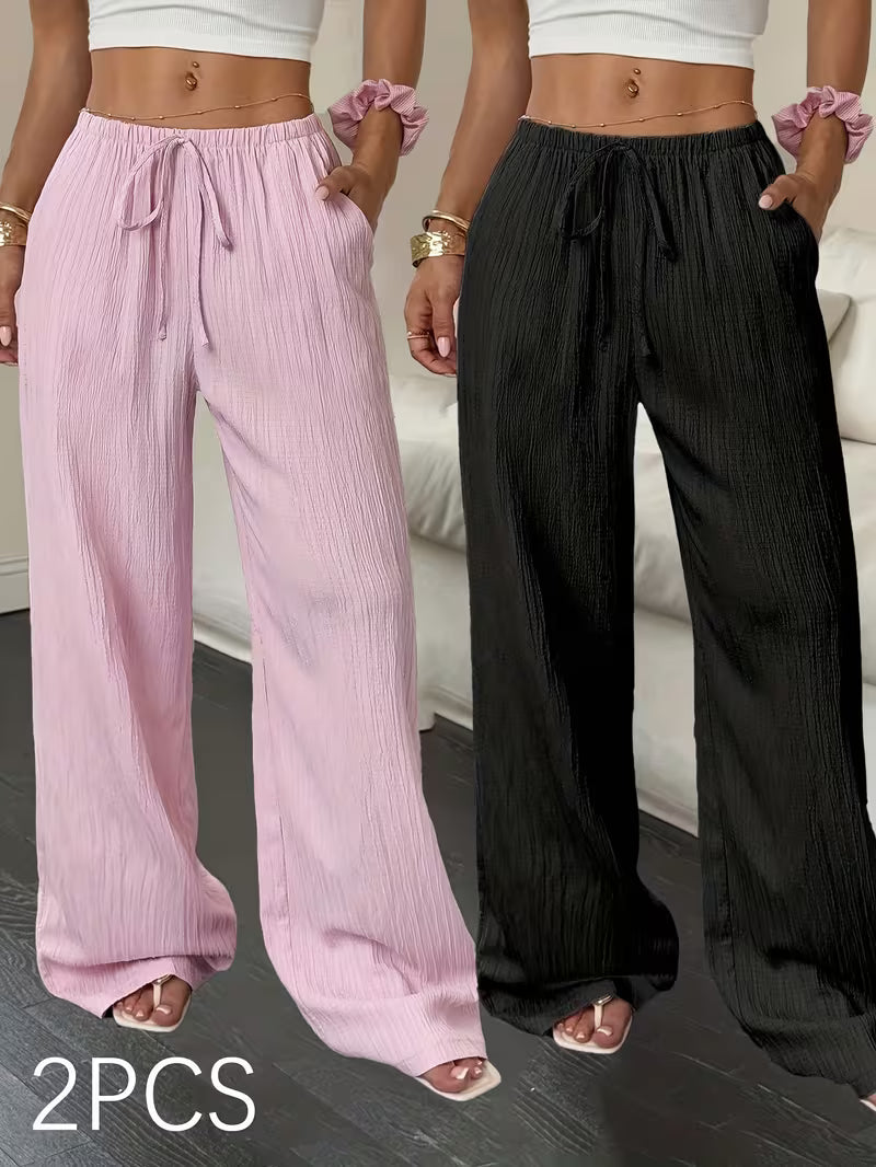2pcs Women's Spring/Summer Casual Solid Colour Waist-Tie Pocket Wide-Leg Pants Set