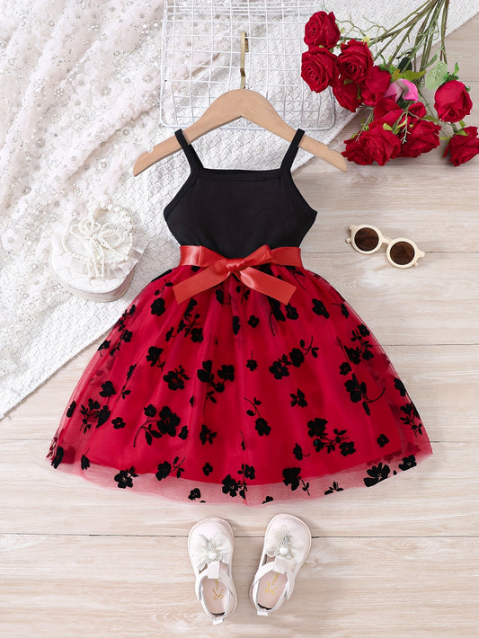 Splicing Flower Graphic Cami Tutu Dress Girls Summer Clothes Party Gift