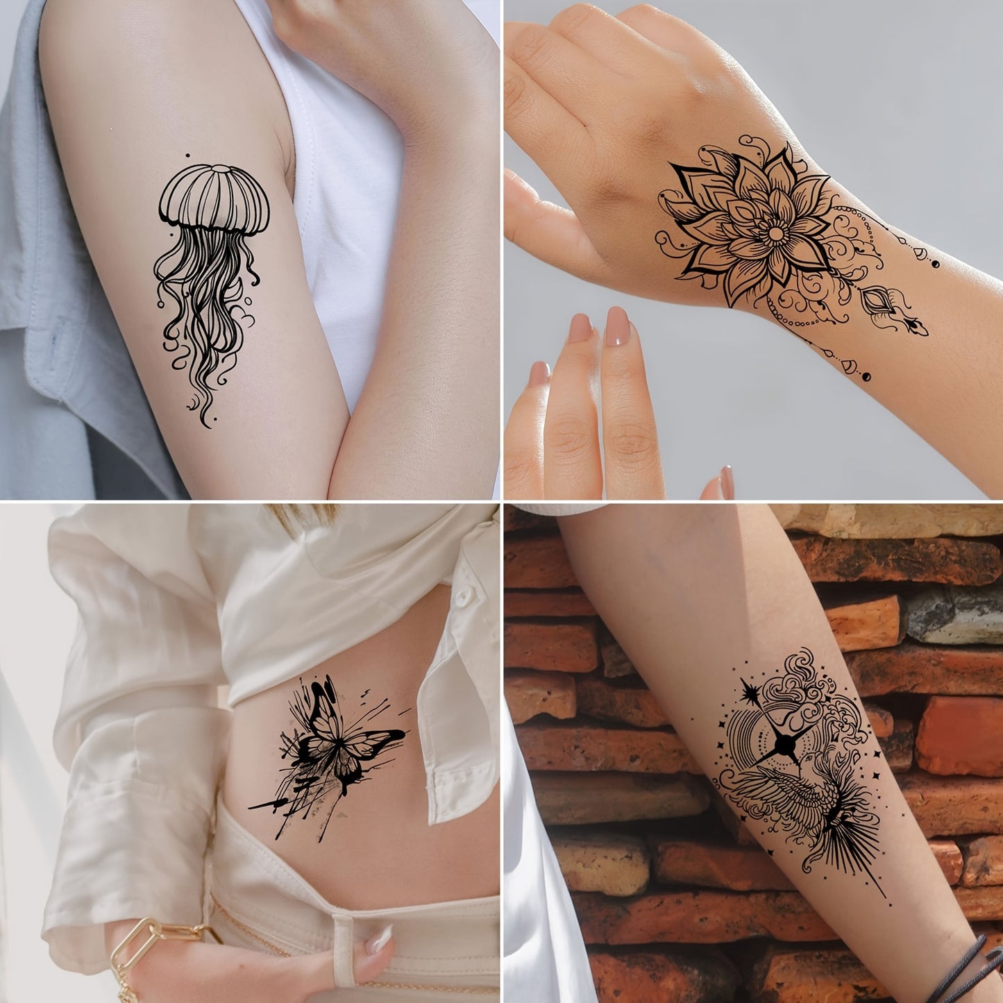 30 Temporary Tattoo Stickers, Black Butterfly Feather Wind Chime Wings Planet Spider Guitar Flower Heart Pattern Tattoo Stickers, Body Wrist Collarbone Art Waterproof Fake Tattoo Stickers Suitable for Women, Temporary Tattoo