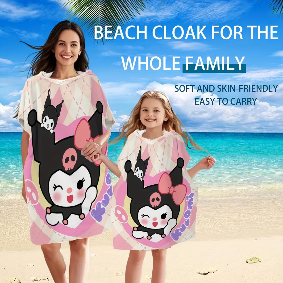 1pc Sanrio Kuromi Adult & Kids Wearable Beach Towel with Hood - Quick-Dry Microfiber Bathrobe, Cute Kuromi Character Swim Wrap, Machine Washable for Pool, Bath, Travel - Ideal for & Adults