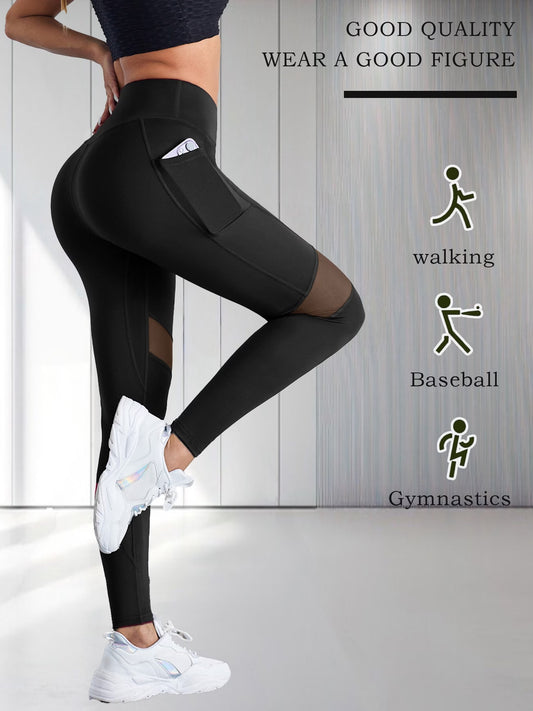 Black Mesh Stitching Design Side Pocket Solid Colour High Waist Breathable Tight Leggings