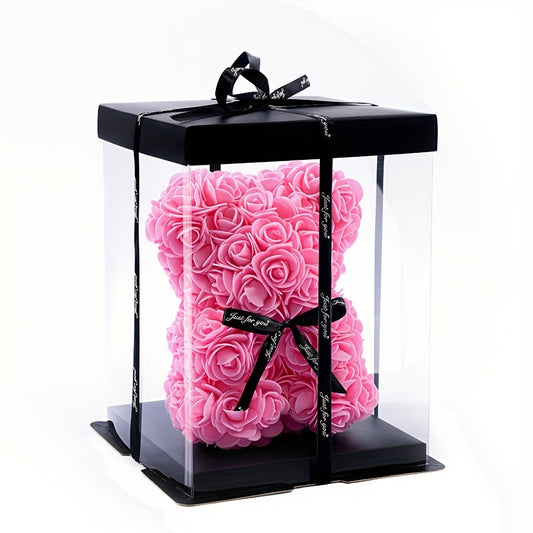 20cm Deluxe Artificial Rose Bear Flower Arrangement - Exquisite Foam Roses in Decorative Container for Romantic Home Decor, Festive Celebrations, and Thoughtful Gift-Giving - Perfect for Valentine's Day, Mother's Day, Anniver